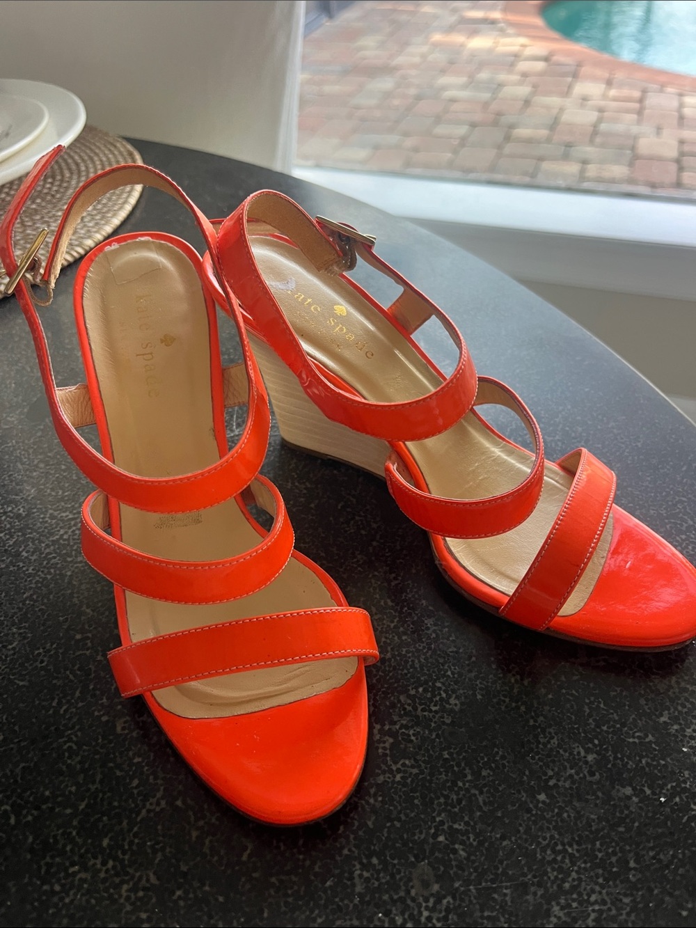 Kate Spade vibrant, orange wedge strappy sandals size 6B